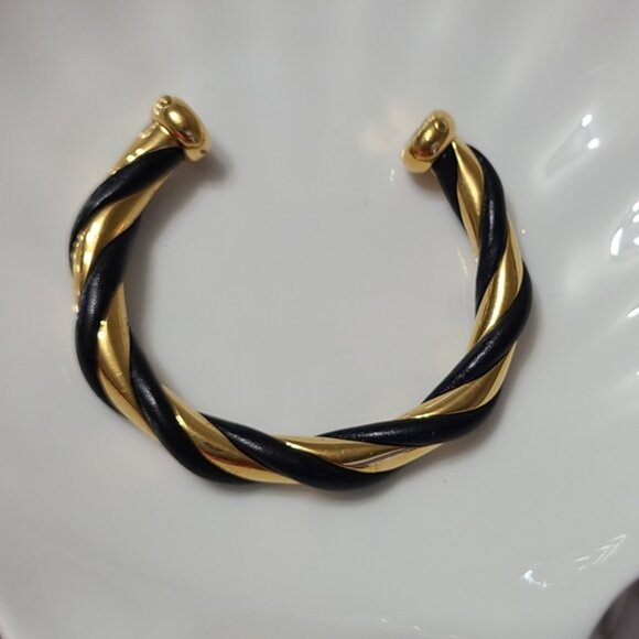 Vintage Luxury Hermes Torsade Gold Black Leather Twist Bangle Open Cuff Bracelet - Picture 5 of 10